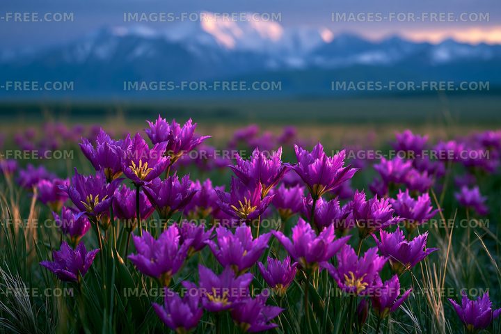Purple flowers bloom in a field with mountains in the background