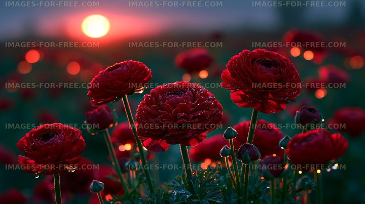 Roses blooming in a field at sunset with dewdrops