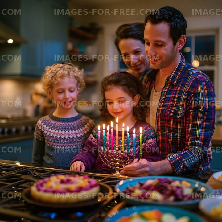 Family lights menorah during celebration at home
