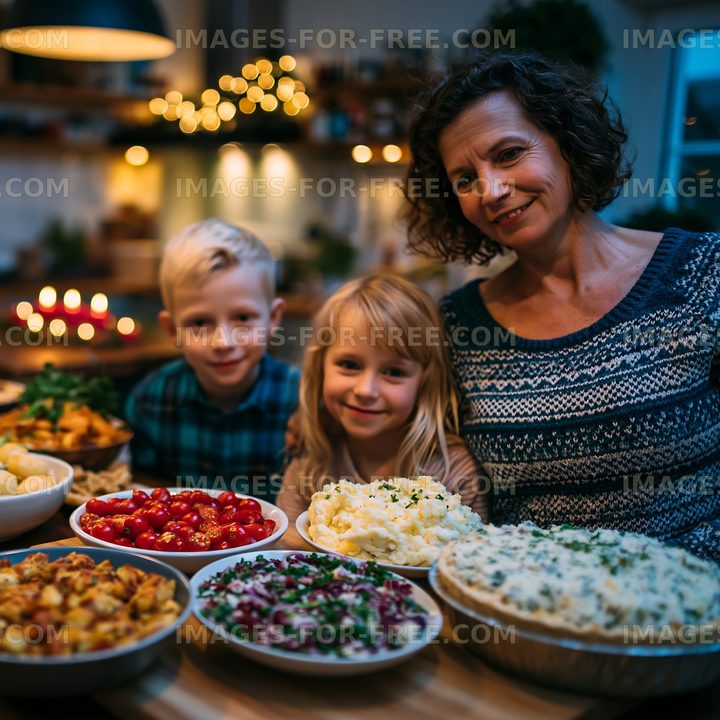 Family enjoys a meal with various dishes on a dining table