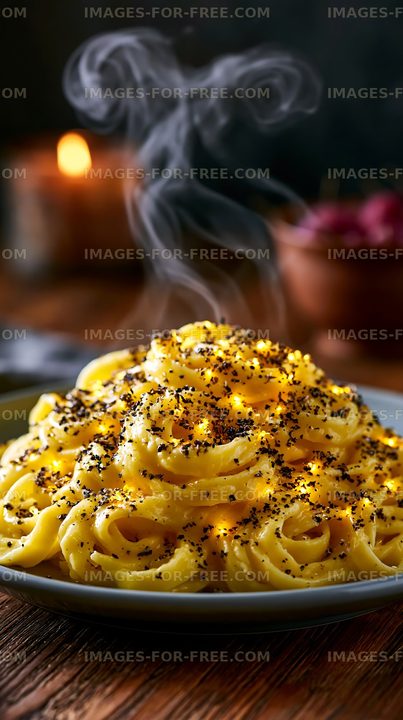 Creamy pasta dish with black pepper and steam rising