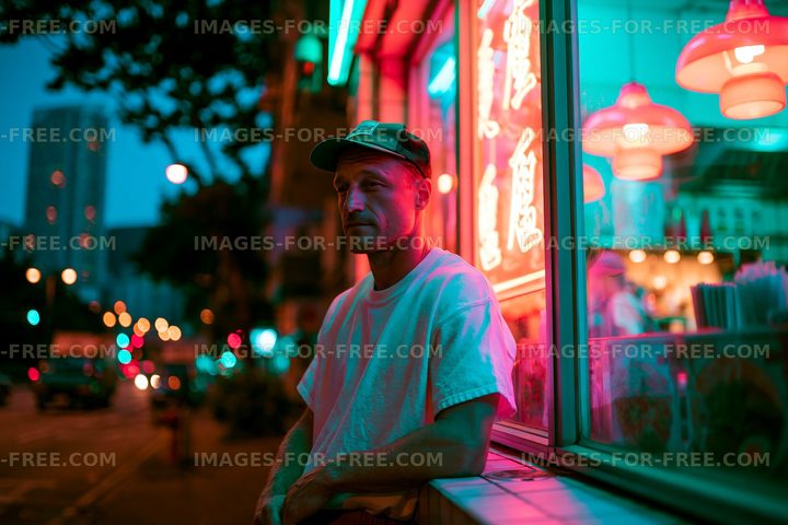 Man sitting near a brightly lit restaurant at night in the city