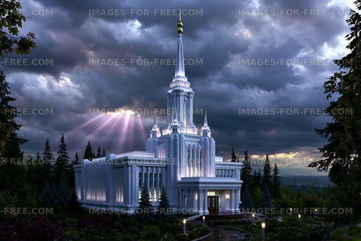 Bright building under cloudy skies at sunset