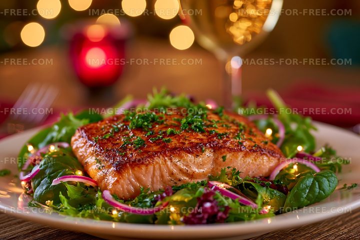 Grilled salmon on a bed of fresh greens in a cozy dining setting