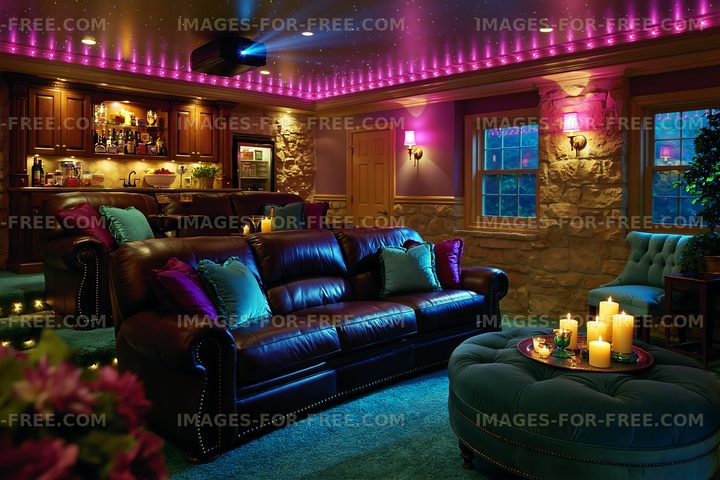 Cozy indoor space with lounge seating and colorful lighting