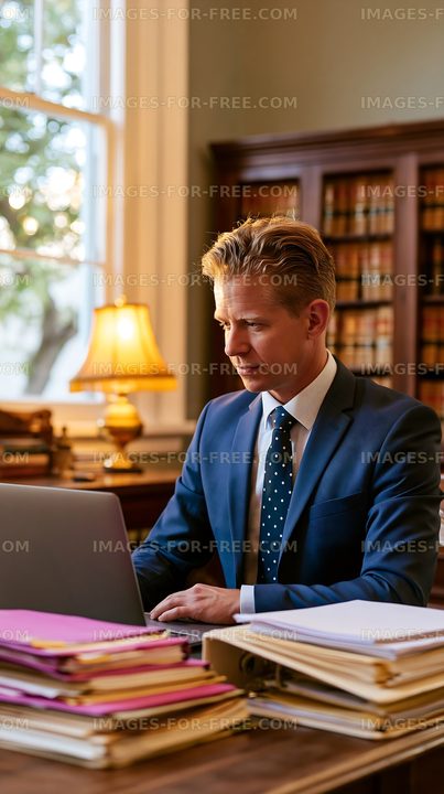 Man working on laptop in legal office during daytime