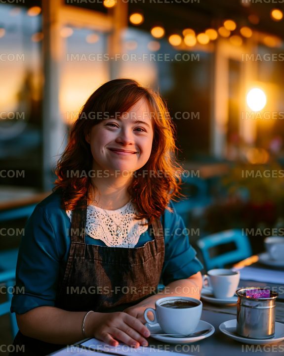 Young woman sitting at a table with coffee during sunset