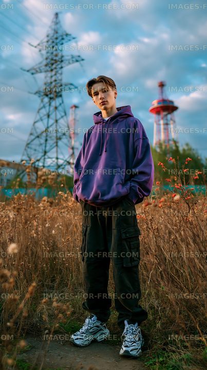 Young man standing in a field with power lines in the background