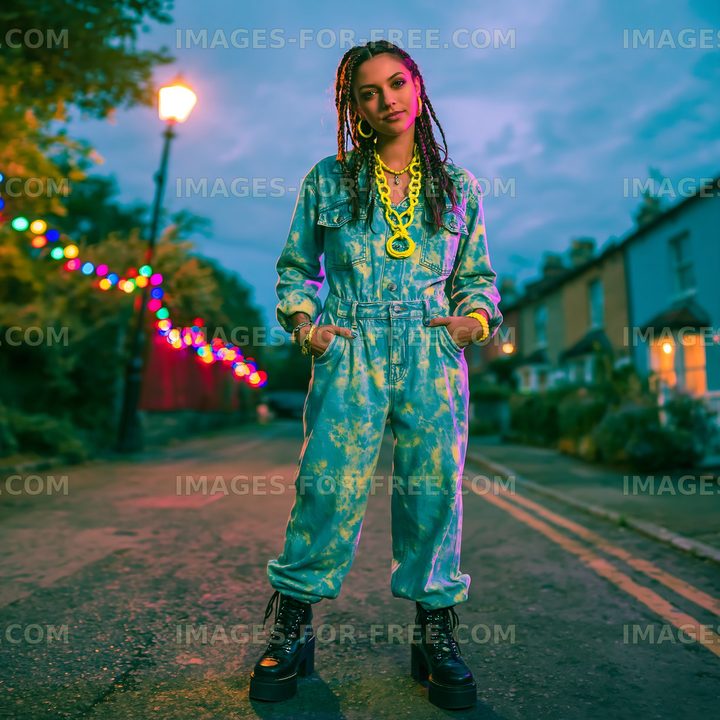 Person wearing blue outfit stands on street at dusk