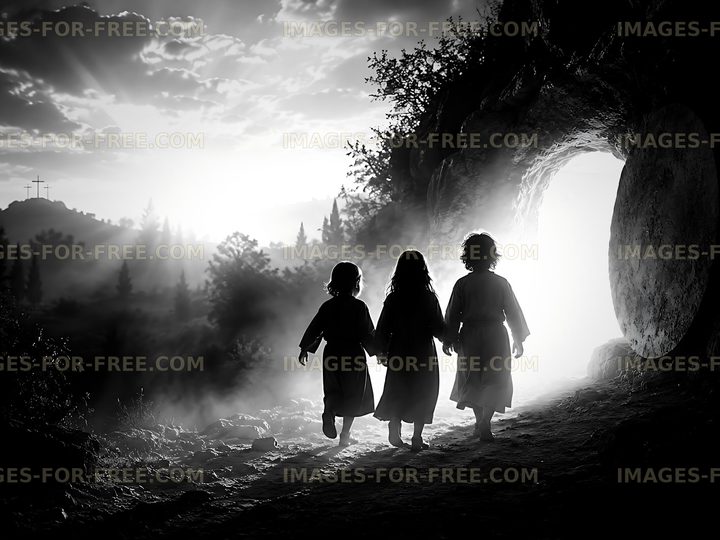 Children walking towards a cave opening at sunset