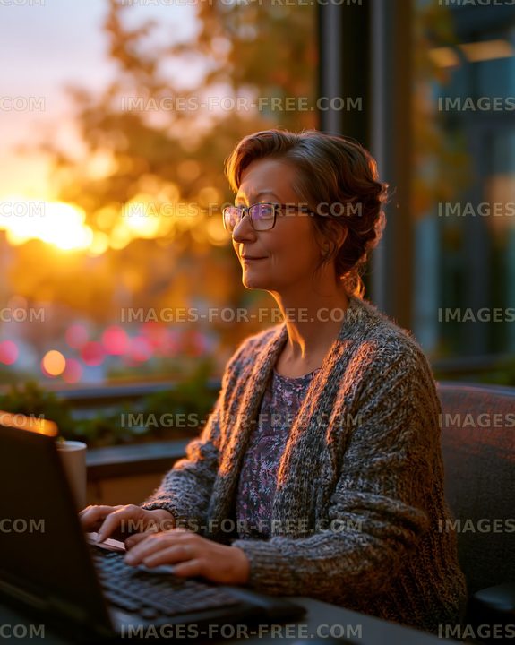 Woman working on laptop during sunset in a cozy cafe