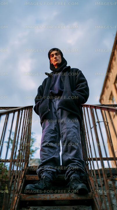 Person standing on stairs with cloudy sky background