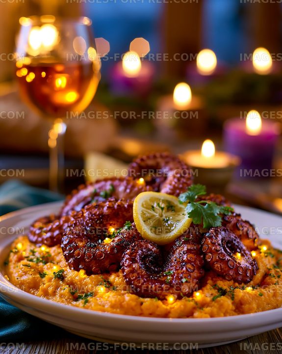 Cooked octopus served on a plate with lemon and wine beside it