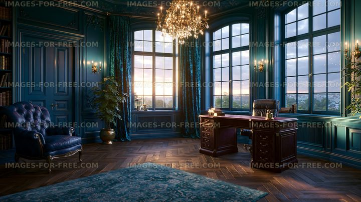 Elegant office space with large windows and sunset view