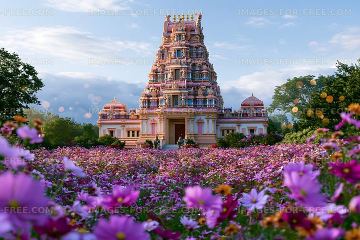 Beautiful temple with flowers in the foreground