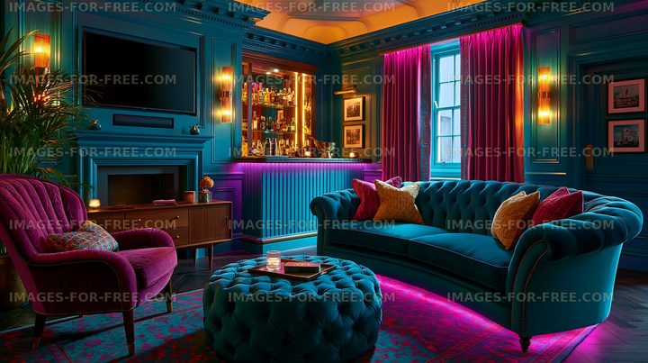 Stylish living room with colorful lighting and modern furniture