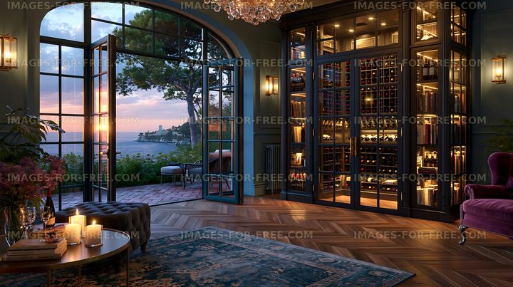 Elegant interior view of a living space with ocean view at sunset