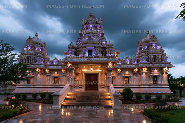 Hindu temple with ornate architecture and cloudy sky at dusk