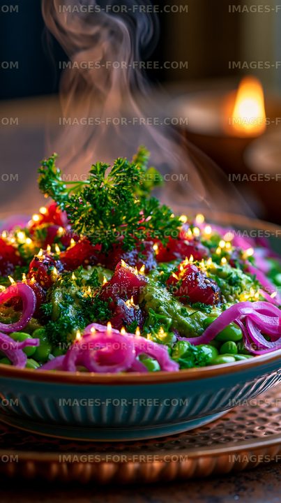 Vibrant dish with herbs and vegetables served in a bowl