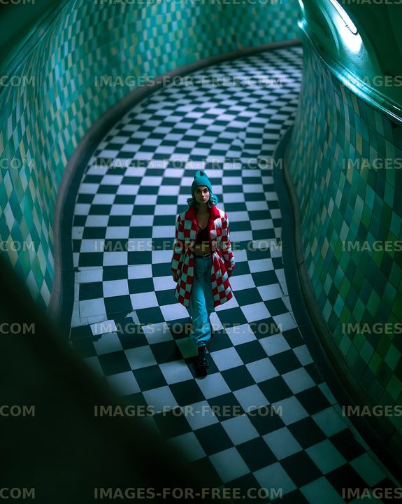 Woman walking in a curvy hallway with patterned floor tiles