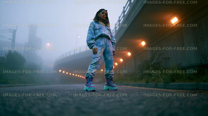 Person standing on a road under a bridge during foggy weather