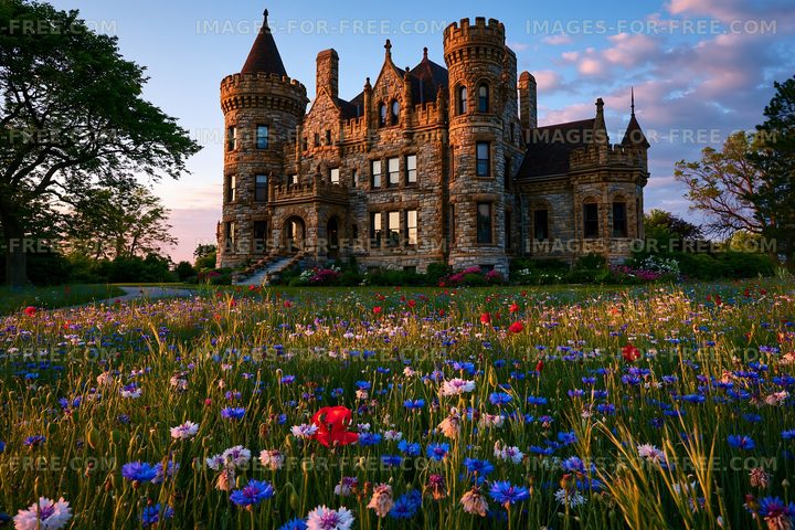 Historic stone castle surrounded by colorful wildflowers