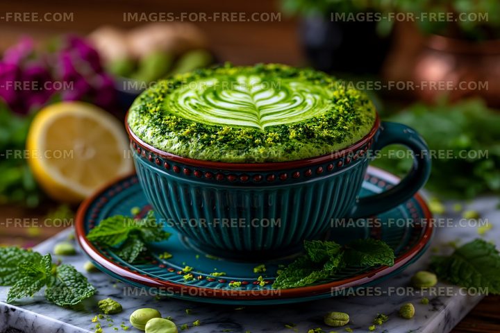 Matcha latte with leaf design in a blue cup