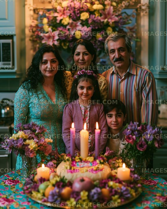Family celebration with cake and flowers during a birthday event