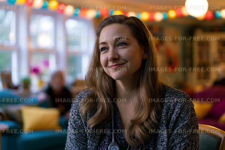 Smiling woman in cozy indoor space with colorful lights