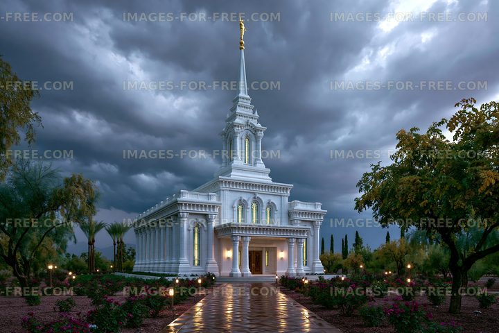 Building stands under cloudy sky with lights in garden