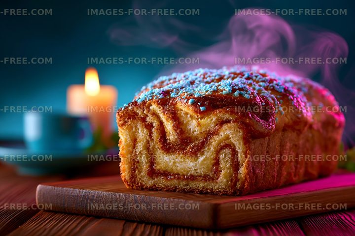 Baked loaf with colorful topping on wooden board in soft light