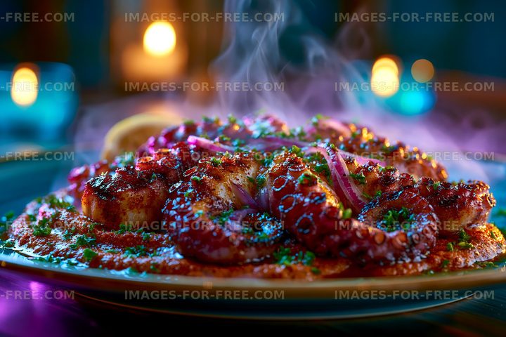 Grilled octopus dish with spices and garnish served on a plate