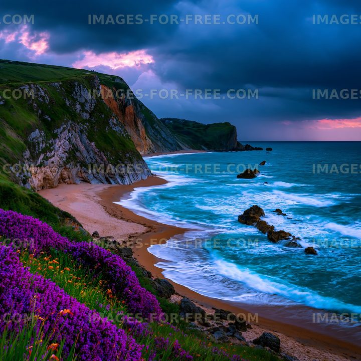 Coastline with waves and purple flowers near cliffs at dusk