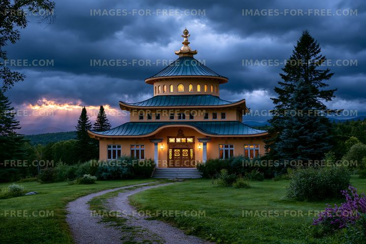 Mountain temple under dramatic sky at dusk