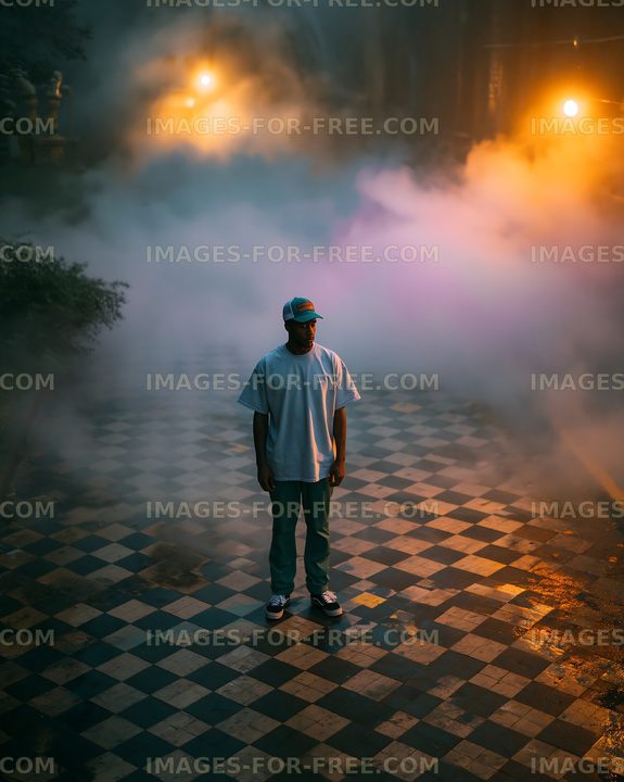 Man standing on a patterned floor with fog and street lights around