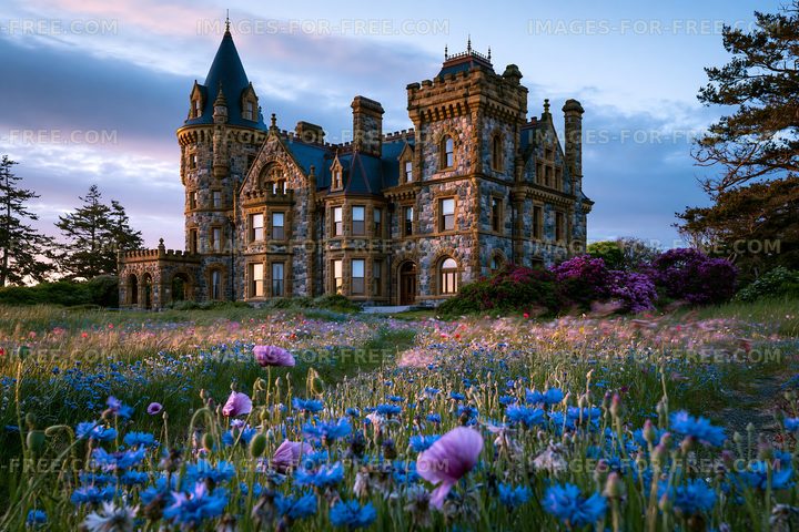 Historic stone mansion surrounded by colorful wildflowers