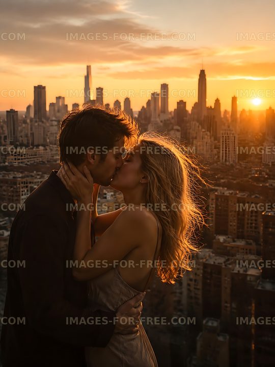 Couple sharing a kiss during sunset over the city skyline
