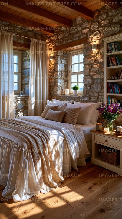 Cozy bedroom with stone walls and natural light in a rustic setting