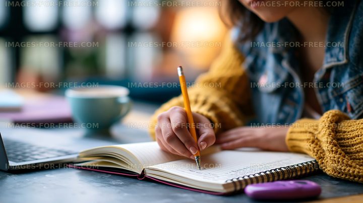 Person writing in a notebook while sitting at a table