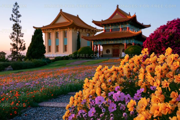 Colorful flowers in front of Asian buildings during sunset