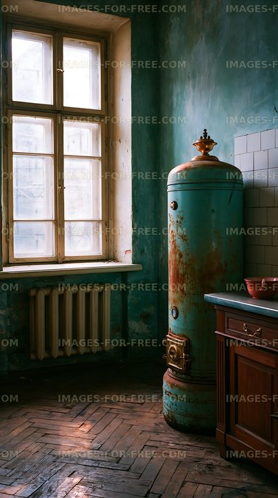 Old kitchen with a vintage stove and a window