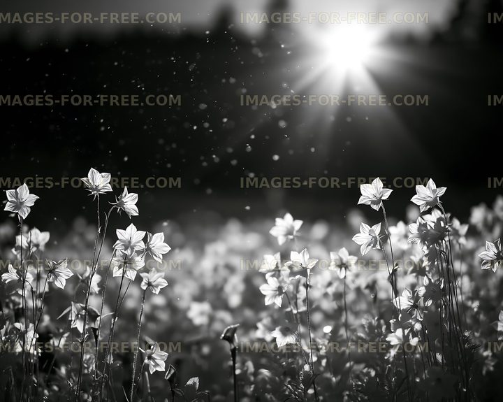Black and white flowers in a field with sunlight shining