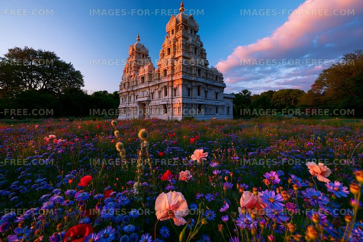 Flower field with a temple structure at sunset