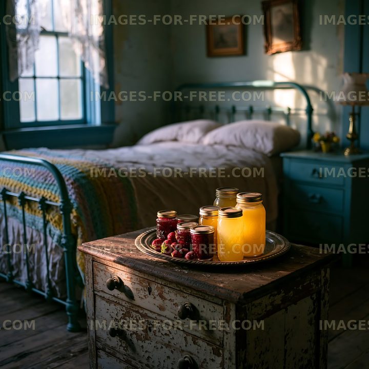 Jars of fruit preserves on table in cozy bedroom during sunset