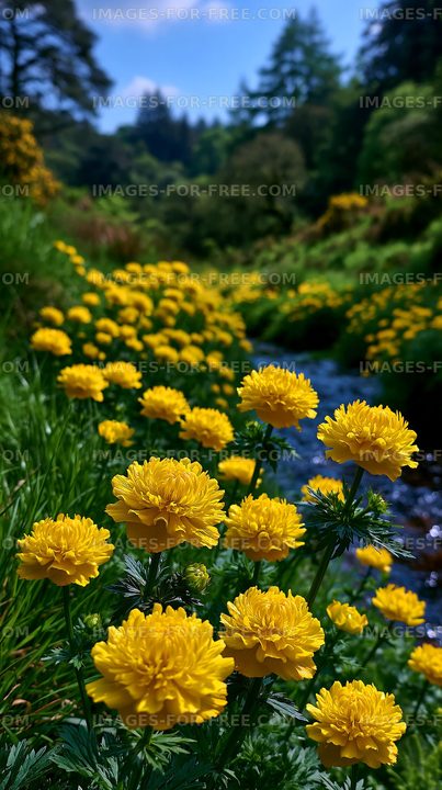 Flowers bloom near a stream in a green landscape