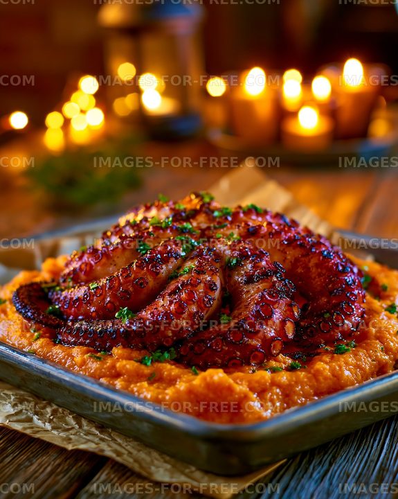 Delicious octopus served on creamy puree with candlelight background