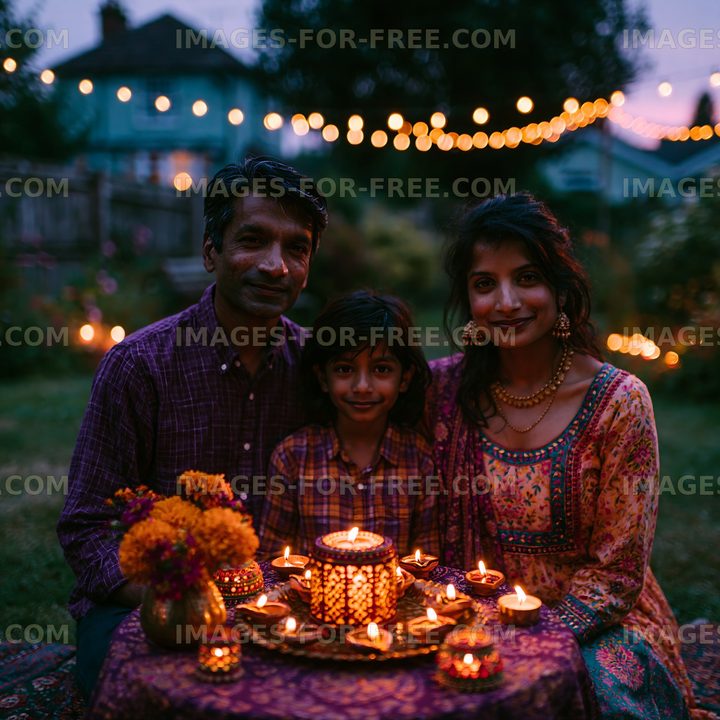 Family celebration with candles and flowers in evening backyard