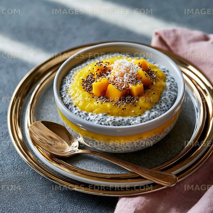Chia pudding topped with mango and coconut on a table