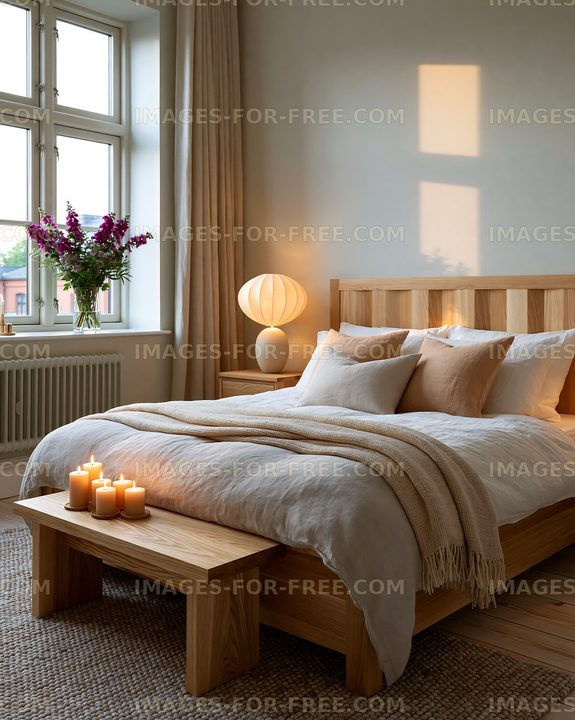 Cozy bedroom with candles and natural light in a warm setting