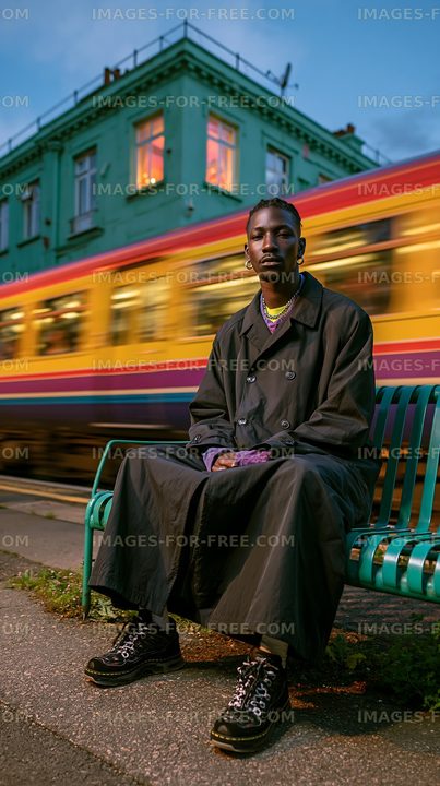 Man sitting on bench by train tracks in urban setting during twilight